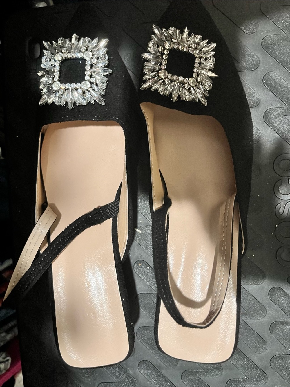 Black Crystal-Embellished Slingback Mules